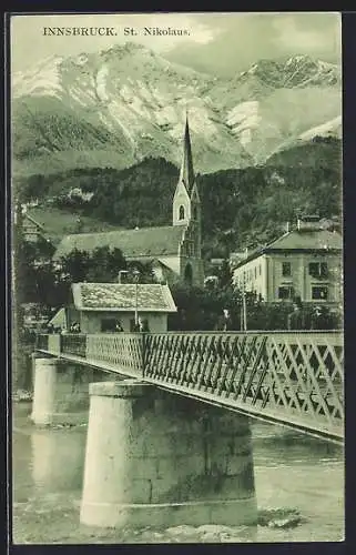 AK Innsbruck, Partie an der Kirche mit Blick auf die Alpen