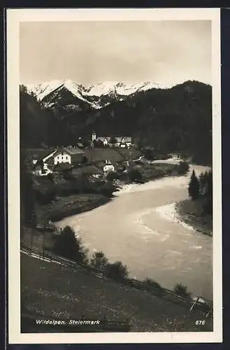 AK Wildalpen /Steiermark, Ortsansicht mit Fluss und Gebirge