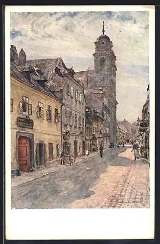 Künstler-AK Wien, Marktgasse mit Liechtenthalerkirche