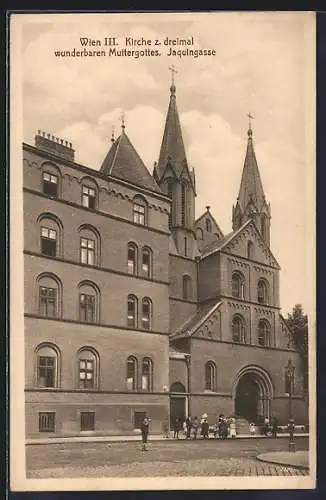 AK Wien III, Kirche z. dreimal wunderbaren Muttergottes in der Jaquingasse, Leute davor auf der Strasse