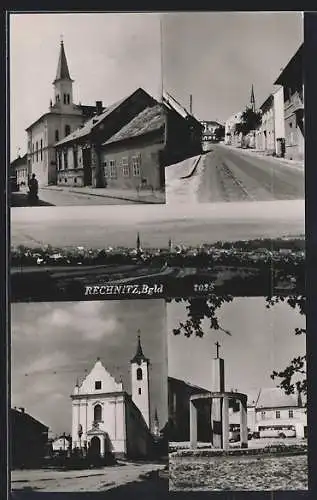 AK Rechnitz, Denkmal, Kirchen, Strassenpartie