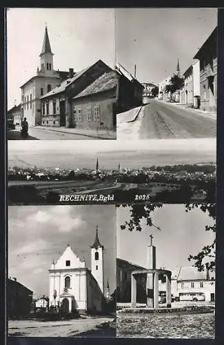 AK Rechnitz, Denkmal, Kirchen, Strassenpartie