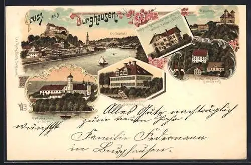 Lithographie Burghausen / Salzach, Blick auf Landhaus Hochburg, Marienberg, Schloss Piesing