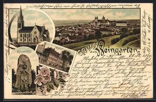Lithographie Weingarten / Württ., Kaserne, Kaiserstein, Evangelische Kirche, Gesamtansicht