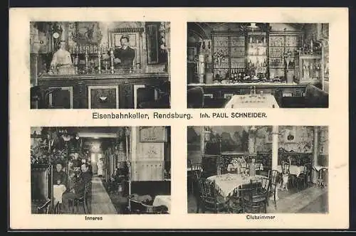 AK Rendsburg, Gasthaus Eisenbahnkeller v. Paul Schneider, Inneres und Clubzimmer