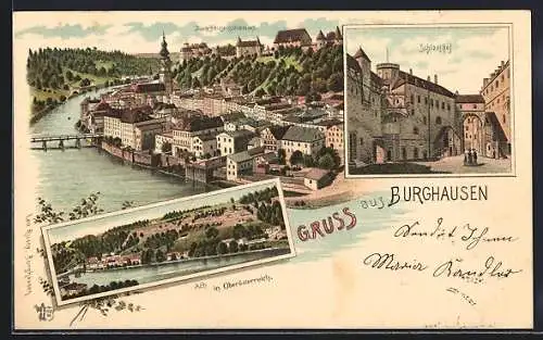 Lithographie Burghausen / Salzach, Schlosshof, Ortsansicht mit Brücke aus der Vogelschau