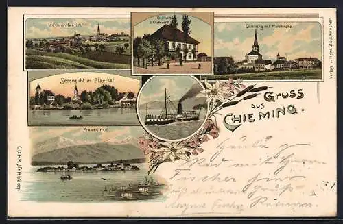 Lithographie Chieming, Gasthaus Zum Oberwirth, Fraueninsel, Seeansicht mit Pfarrhof