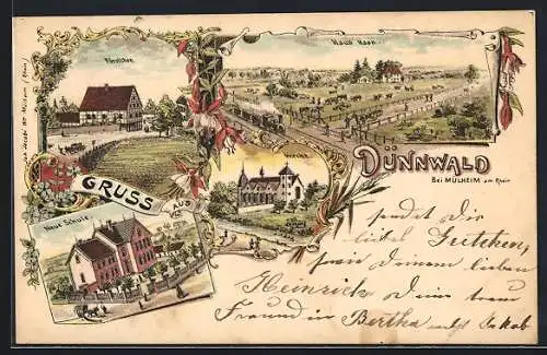 Lithographie Köln-Mülheim, Förstchen, Neue Schule und Haus Haan