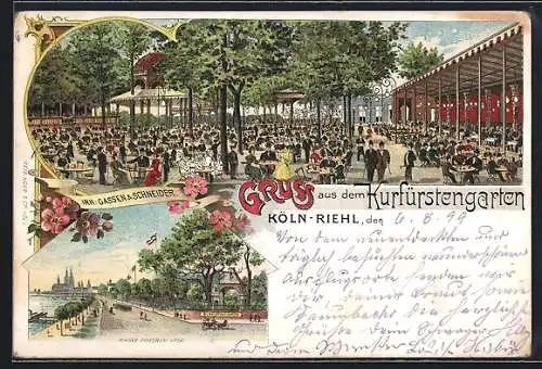 Lithographie Köln-Riehl, Restaurant Kurfürstengarten, Kaiser Friedrich Ufer