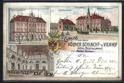 Lithographie Lübeck, Kölner Schlacht- und Viehhof mit Hotel Restaurant von Peter Sülzen