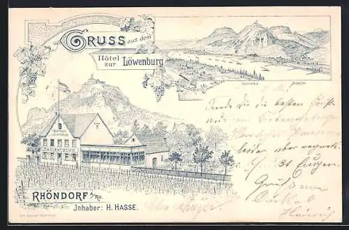 Lithographie Rhöndorf a. Rh., Hotel zur Löwenburg, Bes. H. Hasse, Aussenansicht und Panorama