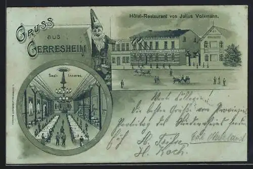 Mondschein-Lithographie Gerresheim, Hotel-Restaurant v. Julius Volkmann und Saal-Inneres