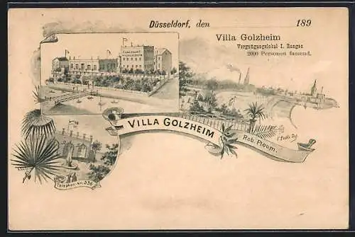 Vorläufer-Lithographie Düsseldorf, 1895, Villa Golzheim von Rob. Ploum, Aussenansicht mit Brücke