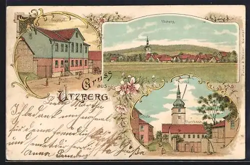 Lithographie Utzberg, Gasthof, Kirche mit Pfarrhaus u. Schule, Teilansicht