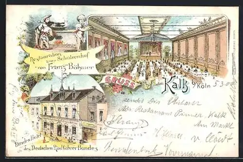 Lithographie Kalk b. Köln, Restauration zum Schützenhof von Franz Böhmer und Hotel des Deutschen Radfahrer-Bundes