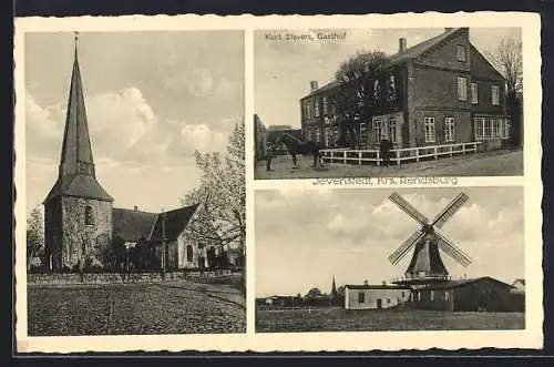 AK Jevenstedt /Rendsburg, Gasthof v. Kurt Sievers, Windmühle und Kirche