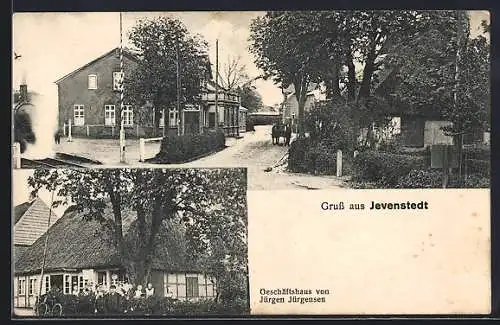 AK Jevenstedt, Geschäftshaus von Jürgen Jürgensen und Ortsansicht