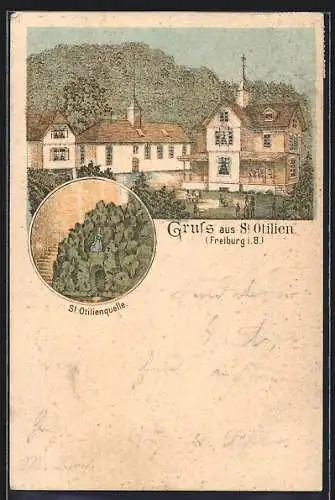 Lithographie Freiburg i. B., St. Otilien und St. Otilienquelle