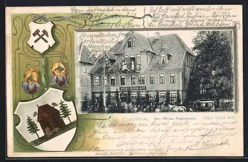 Passepartout-Lithographie Clausthal, Hotel Glück auf v. Herm. Natermann, Wappen