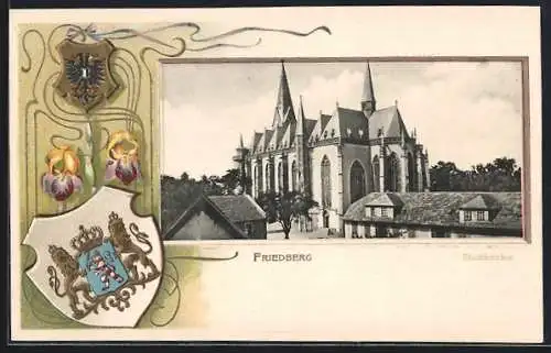 Passepartout-Lithographie Friedberg / Hessen, Blick auf die Kirche, Wappen