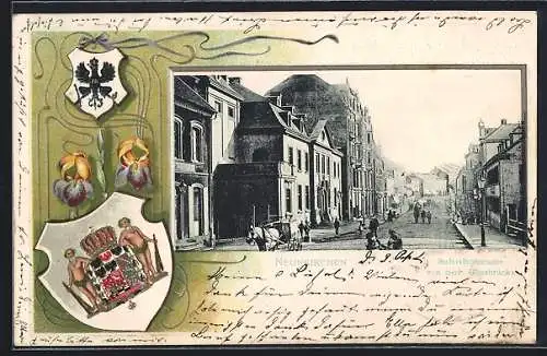 Passepartout-Lithographie Neunkirchen / Saar, Bahnhofstrasse von der Bliesbrücke, Wappen