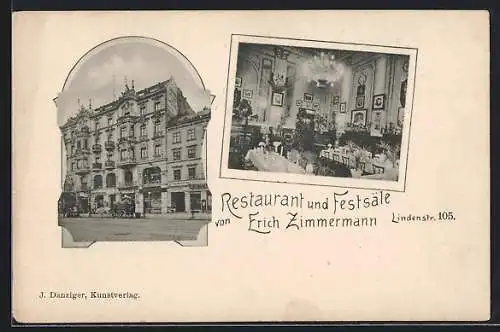 AK Berlin-Kreuzberg, Restaurant und Festsäle v. Erich Zimmermann, Lindenstrasse 105, mit Innenansicht