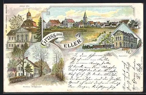 Lithographie Eller / Düsseldorf, Forsthaus Brüggemann, Bahnhof, Schloss