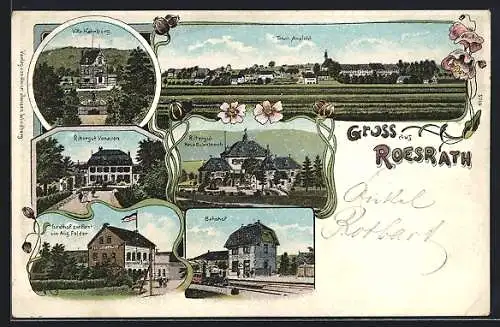 Lithographie Rösrath, Gasthof zur Post v. Aug. Felder, Bahnhof, Rittergüter Venauen und Haus Eulenbroich