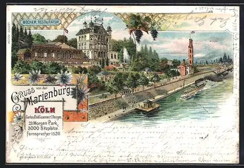 Lithographie Köln, Gasrhaus und Etablissement Marienburg am Rhein