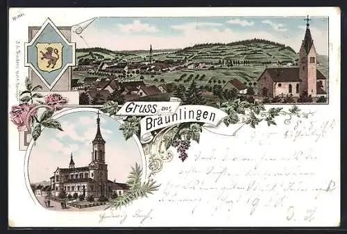 Lithographie Bräunlingen, Teilansicht, Kirche