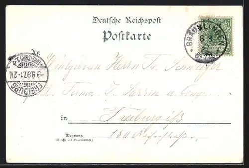 Lithographie Bräunlingen, Teilansicht, Kirche