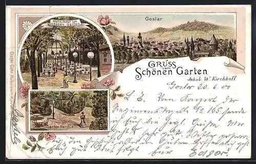 Lithographie Goslar, Restaurant zum schönen Garten v. W. Kirchhoff, Gartenansicht, Ortsansicht