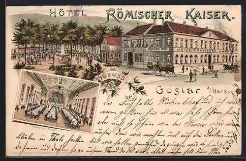 Lithographie Goslar a. Harz, Hotel Römischer Kaiser mit Speisesaal