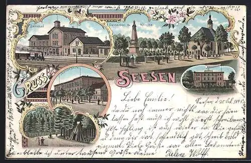 Lithographie Seesen, Kur-Hôtel, Denkmal mit KircheBahnhof