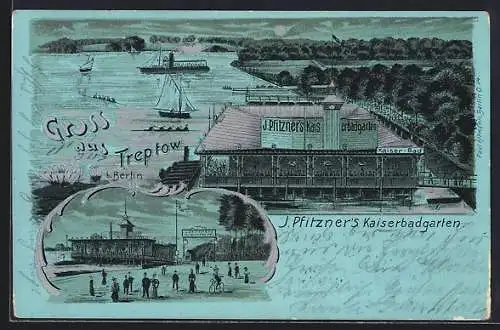 Mondschein-Lithographie Treptow b. Berlin, Etablissement J. Pfitzner`s Kaiserbadgarten am Wasser