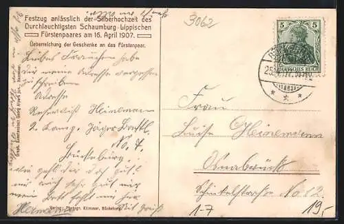 AK Silberhochzeit des Schaumburg-Lippischen Fürstenpaares 1907, Überreichung der Geschenke an das Fürstenpaar