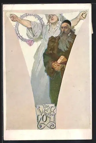 Künstler-AK Alphonse Mucha: Vernost, Alter Mann mit Buch in der Hand, Frau mit Dornenkranz