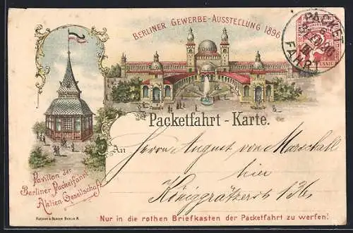 Lithographie Berlin, Gewerbe-Ausstellung 1896, Ausstellungsgebäude, Pavillon der Packetfahrt AG, Private Stadtpost