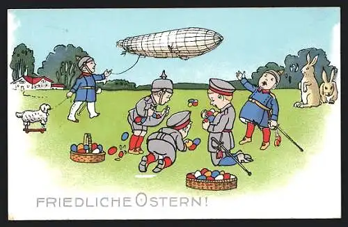 AK Kinder in Uniformen mit Osterhasen und Zeppelin