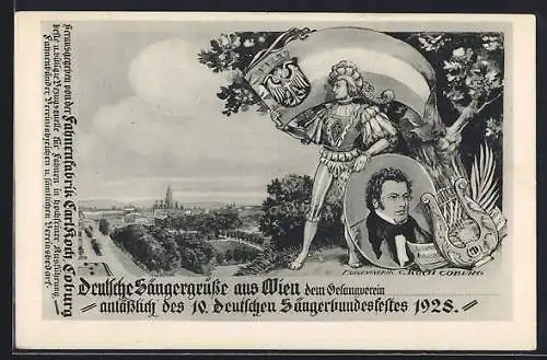 Künstler-AK Wien, 10. Deutsches Sängerbundfest 1928, Panorama & Schubert