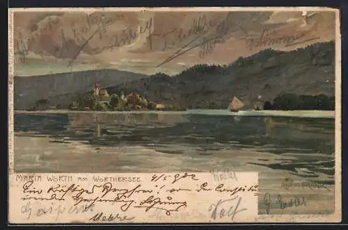 Künstler-Lithographie Raoul Frank: Maria Wörth, Blick zum Ort am Wörthersee