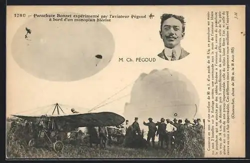 AK Parachute Bonnet expérimenté par l`aviateur Pégoud à bord d`un monoplan Blériot, Fallschirmsprung