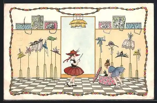 Künstler-AK Mela Köhler: Die Hutprobe, Mädchen probiert einen ihrer unzähligen Hüte auf