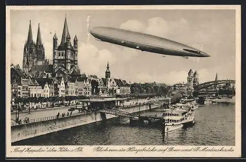 AK Köln, Graf Zeppelin neben Dom und St. Martinskirche