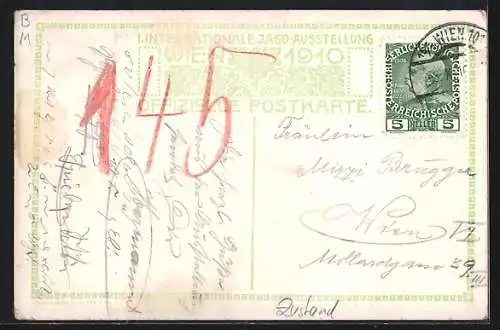 Künstler-AK H. Kalmsteiner: Wien, Internationale Jagdausstellung 1910, Jagdschloss Ungarn
