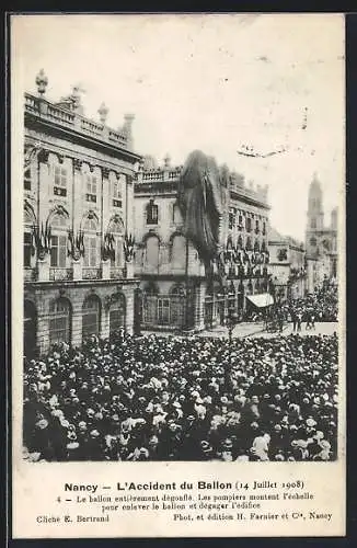 AK Nancy, L`Accident du Ballon, 1908 Ballon abgestürzt am Giebel