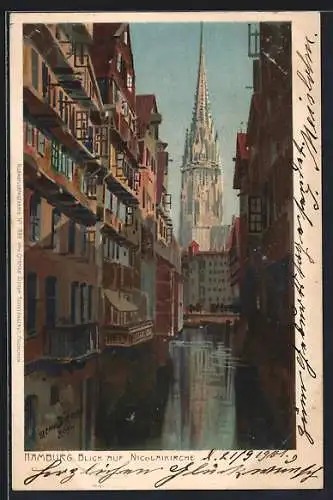 Künstler-Lithographie Zeno Diemer: Alt-Hamburg, Blick zur Nicolaikirche