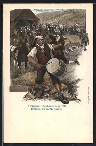 Künstler-AK Bregenz, Vorarlberger Jahrhundertfeier 1909, Trommler vorm Kampfgetümmel