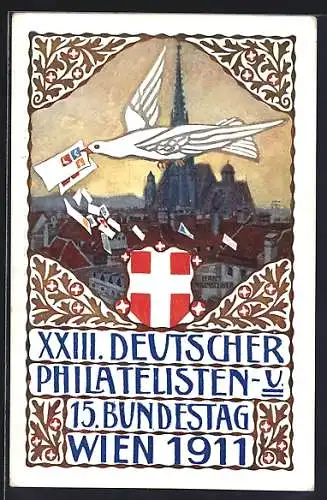 Künstler-AK H. Kalmsteiner: Wien, XXIII. Deutscher Philatelisten- u. 15. Bundestag 1911, Taube über dem Ort