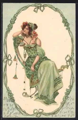 Lithographie Sitzende junge Dame mit Schmuck in floralem Rahmen, Jugendstil